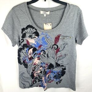 NWT LEI Women's Gray Floral Studded T-Shirt Sz Juniors XL
